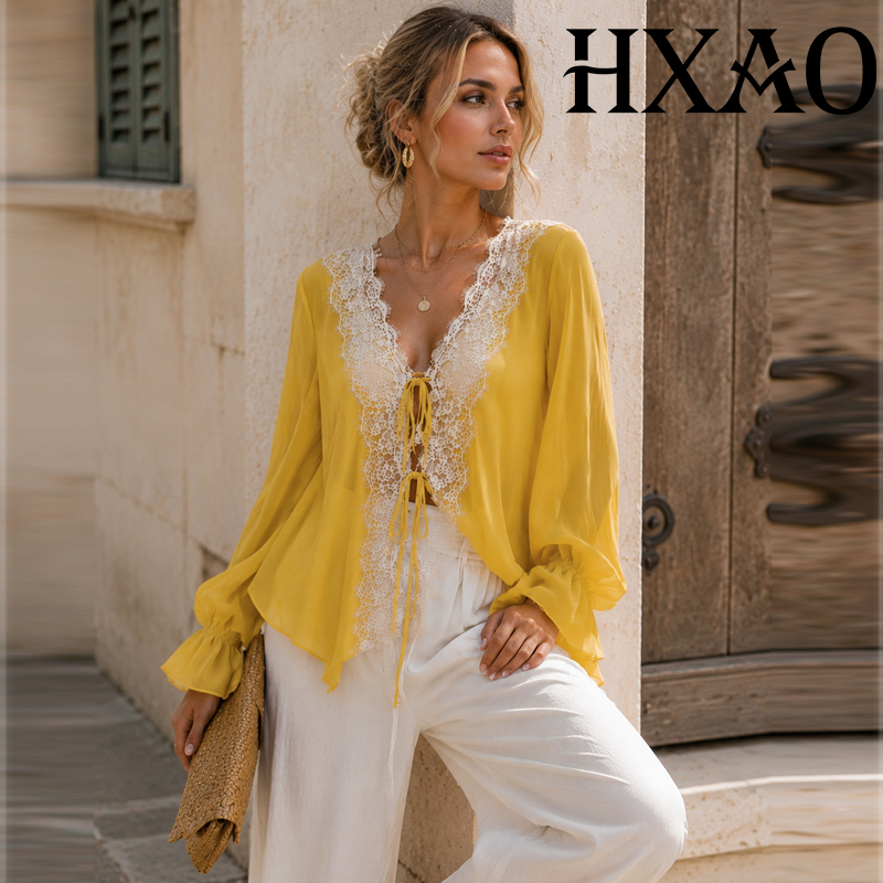Sewing V - เสื้อผู้หญิง HXAO แบบผูกเชือก แขนยาว สีเหลือง ผ้าชีฟอง