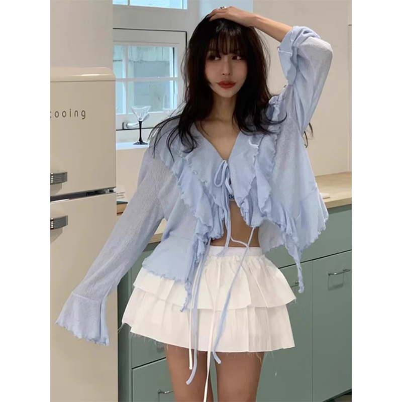 Sewing V - MEXZT Cropped เสื้อสีขาวผู้หญิงแฟชั่น Ruffles ผ้าพันคอสีชมพูเสื้อฤดูร้อนเกาหลี V