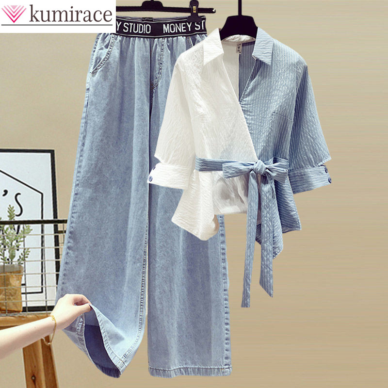 Sewing V - 2025 ฤดูร้อนใหม่เย็บเสื้อชีฟองหญิงชุดผู้หญิงกางเกงยีนส์เสื้อลําลอง 2 ชิ้นชุดสุภาพสตรีTracksuits