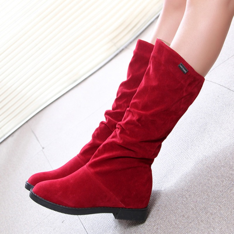Sewing Velvet Fabric - Casual ผู้หญิงรองเท้ารองเท้าส้นสูงรอบ Toe สีแดงนุ่มสบายกลางลูกวัวรองเท้าบูท Solid Flock